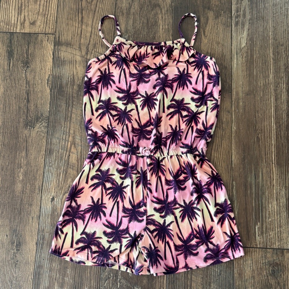 Wonder Nation Girls Pink Tropical Palm Tree Romper Sunset Ombre Size L 10-12